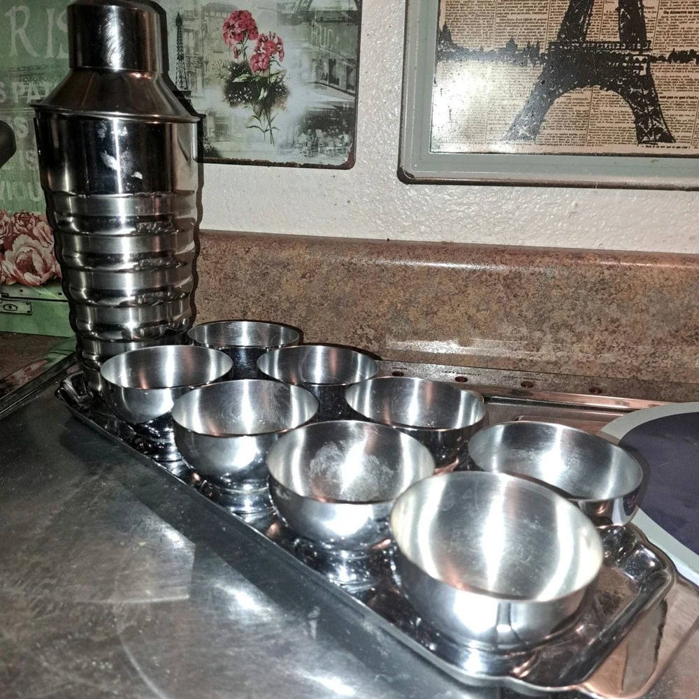 VINTAGE Rare! CHASE Art Deco Tray & 8 CHASE Cocktail Cups USA Walter von Nessen